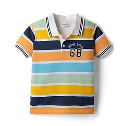 Babyhug Single Jersey Knit Half Sleeves Striped T-Shirt & Denim Shorts Set With Varsity Print - Blue