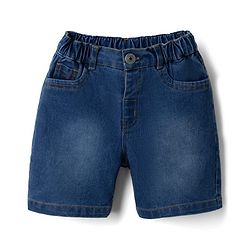 Babyhug Single Jersey Knit Half Sleeves Striped T-Shirt & Denim Shorts Set With Varsity Print - Blue