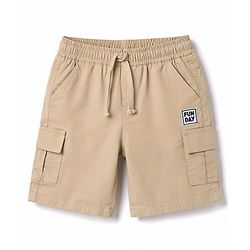 Babyhug 100% Cotton Knit Half Sleeves Striped & Text Printed T-Shirt & Cargo Shorts Set With Patch - Beige & Blue