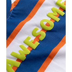 Babyhug 100% Cotton Knit Half Sleeves Striped & Text Printed T-Shirt & Cargo Shorts Set With Patch - Beige & Blue