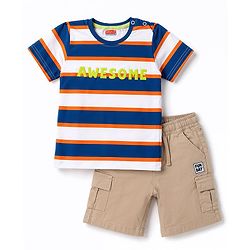 Babyhug 100% Cotton Knit Half Sleeves Striped & Text Printed T-Shirt & Cargo Shorts Set With Patch - Beige & Blue