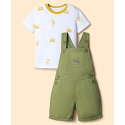 Babyhug 100% Cotton Slub Jersey Knit Half Sleeves Vehicle Printed Tee With Tree Embroidered Dungaree - Green & White
