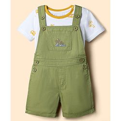 Babyhug 100% Cotton Slub Jersey Knit Half Sleeves Vehicle Printed Tee With Tree Embroidered Dungaree - Green & White