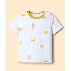 Babyhug 100% Cotton Slub Jersey Knit Half Sleeves Vehicle Printed Tee With Tree Embroidered Dungaree - Green & White