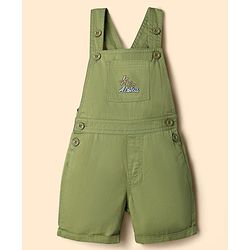 Babyhug 100% Cotton Slub Jersey Knit Half Sleeves Vehicle Printed Tee With Tree Embroidered Dungaree - Green & White