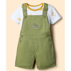 Babyhug 100% Cotton Slub Jersey Knit Half Sleeves Vehicle Printed Tee With Tree Embroidered Dungaree - Green & White