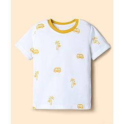 Babyhug 100% Cotton Slub Jersey Knit Half Sleeves Vehicle Printed Tee With Tree Embroidered Dungaree - Green & White