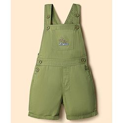 Babyhug 100% Cotton Slub Jersey Knit Half Sleeves Vehicle Printed Tee With Tree Embroidered Dungaree - Green & White
