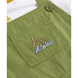 Babyhug 100% Cotton Slub Jersey Knit Half Sleeves Vehicle Printed Tee With Tree Embroidered Dungaree - Green & White