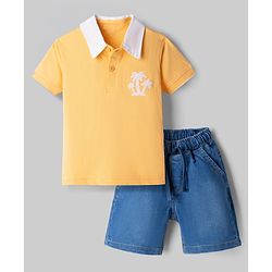 Babyhug Single Jersey Knit Half Sleeves Palm Tree Embroidered T-Shirt & Denim Shorts Set - Orange & Blue