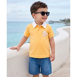 Babyhug Single Jersey Knit Half Sleeves Palm Tree Embroidered T-Shirt & Denim Shorts Set - Orange & Blue