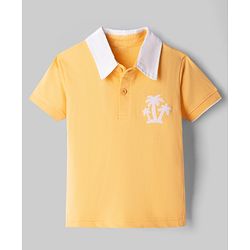 Babyhug Single Jersey Knit Half Sleeves Palm Tree Embroidered T-Shirt & Denim Shorts Set - Orange & Blue