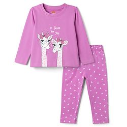 Babyhug 100% Cotton Knit Full Sleeves T-Shirt & Pyjama Night Suit With Giraffe & Heart Print - Pink