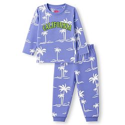 Babyhug 100% Cotton Knit Full Sleeves T-Shirt & Pyjama Night Suit Co-ords With Tropical & Text Print - Blue