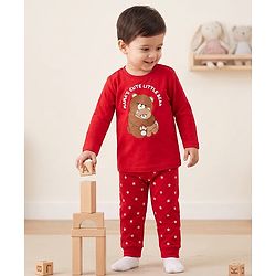 Babyhug 100% Cotton Knit Full Sleeves Bear Printed T-Shirt & Pyjama Night Suit - Red