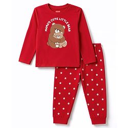 Babyhug 100% Cotton Knit Full Sleeves Bear Printed T-Shirt & Pyjama Night Suit - Red