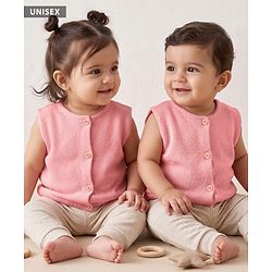 Babyhug Knit Sleeveless Solid Front Open Sweater - Pink