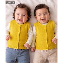 Babyhug Knit Sleeveless Solid Front Open Sweater - Yellow