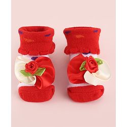 Cute Walk by Babyhug Fabric Socks Shoes With Large Floral Applique - Red
