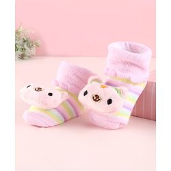 Cute Walk by Babyhug Fabric Socks Shoes With Strips & Large Animal Applique - Pink