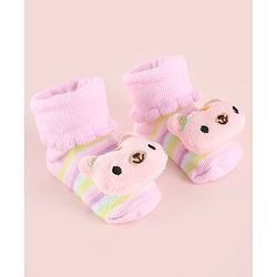 Cute Walk by Babyhug Fabric Socks Shoes With Strips & Large Animal Applique - Pink