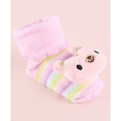 Cute Walk by Babyhug Fabric Socks Shoes With Strips & Large Animal Applique - Pink