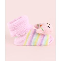 Cute Walk by Babyhug Fabric Socks Shoes With Strips & Large Animal Applique - Pink
