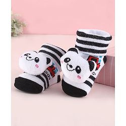 Cute Walk by Babyhug Fabric  Socks Shoes With Strips Vehicle & Large Panda Applique - White & Black