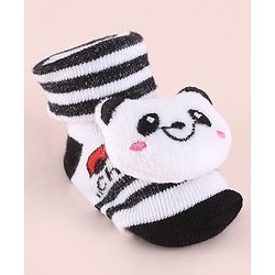 Cute Walk by Babyhug Fabric  Socks Shoes With Strips Vehicle & Large Panda Applique - White & Black