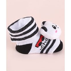 Cute Walk by Babyhug Fabric  Socks Shoes With Strips Vehicle & Large Panda Applique - White & Black