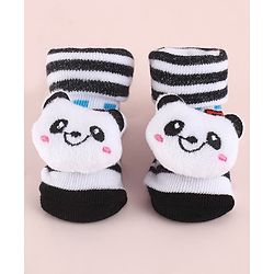 Cute Walk by Babyhug Fabric  Socks Shoes With Strips Vehicle & Large Panda Applique - White & Black