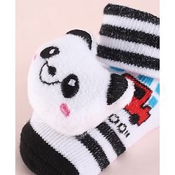 Cute Walk by Babyhug Fabric  Socks Shoes With Strips Vehicle & Large Panda Applique - White & Black