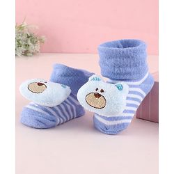 Cute Walk by Babyhug Fabric Socks Shoes With Strips & Large Bear Applique - Blue