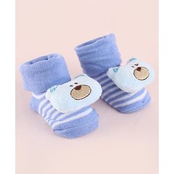 Cute Walk by Babyhug Fabric Socks Shoes With Strips & Large Bear Applique - Blue