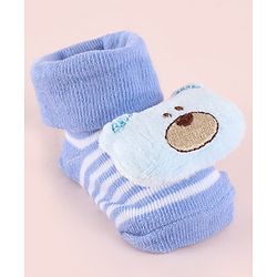 Cute Walk by Babyhug Fabric Socks Shoes With Strips & Large Bear Applique - Blue