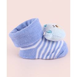 Cute Walk by Babyhug Fabric Socks Shoes With Strips & Large Bear Applique - Blue