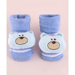 Cute Walk by Babyhug Fabric Socks Shoes With Strips & Large Bear Applique - Blue