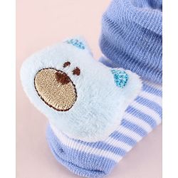 Cute Walk by Babyhug Fabric Socks Shoes With Strips & Large Bear Applique - Blue