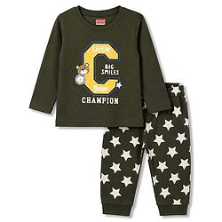 Babyhug 100% Cotton Knit Full sleeves T-Shirts & Pyjama Night Suit With Champion & Star Print - Dark Green