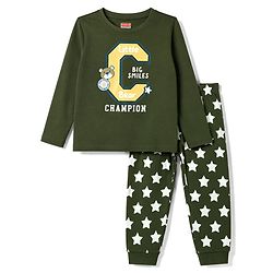 Babyhug 100% Cotton Knit Full Sleeves T-Shirt & Pajama Night Suit with Bear Face & Star Print - Dark Green