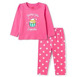 Babyhug 100% Cotton Knit Full Sleeves T-Shirt & Pyjama Night Suit With Cupcake & Heart Print - Pink