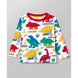 Babyhug 100% Cotton Knit Full Sleeves T-Shirt & Pyjama Night Suit With Dino Print - White