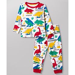 Babyhug 100% Cotton Knit Full Sleeves T-Shirt & Pyjama Night Suit With Dino Print - White
