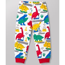Babyhug 100% Cotton Knit Full Sleeves T-Shirt & Pyjama Night Suit With Dino Print - White