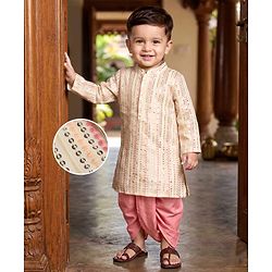 Babyhug Georgett Woven Full Sleeves Striped Sequinned Kurta & Dhoti Set - Beige