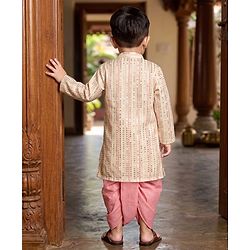 Babyhug Georgett Woven Full Sleeves Striped Sequinned Kurta & Dhoti Set - Beige