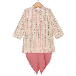 Babyhug Georgett Woven Full Sleeves Striped Sequinned Kurta & Dhoti Set - Beige