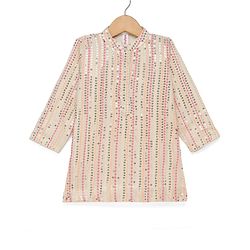 Babyhug Georgett Woven Full Sleeves Striped Sequinned Kurta & Dhoti Set - Beige