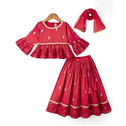 Babyhug Premium 100% Cotton Woven 3/4th Bell Sleeves Lehenga Choli and Dupatta Set With Floral Foil Print in Red