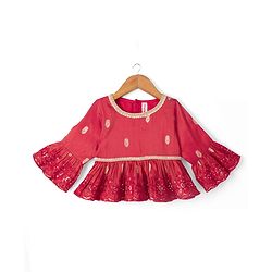 Babyhug Premium 100% Cotton Woven 3/4th Bell Sleeves Lehenga Choli and Dupatta Set With Floral Foil Print in Red